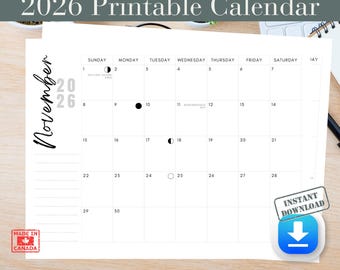 2026 Printable Calendar | 2026 Calendar PDF | 2026 Printable Calendar | Family Organizer | Monthly Planner | Canadian Holidays | Moon Phases