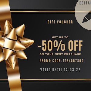 Voucher de código promocional editável Black & Gold | Promoção da Black Friday | Modelo | Para impressão |faça você mesmo