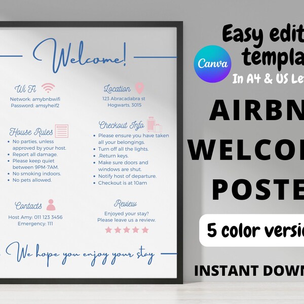 Airbnb Welcome Information Poster Template, Editable Canva Example Signage, Vacation Rental Sign,Host Must Have, Instructions, Easy Download