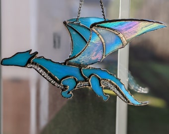 Hanging 3D Stained Glass Iridescent Light Blue Dragon Flyer