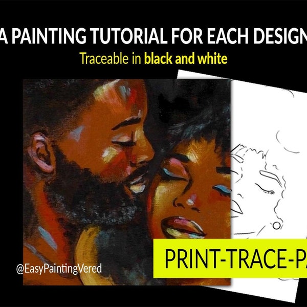 Traceable - Black Couple | Pre-Drawn Canvas| Painting Tutorial Stencil | Pre-sketched Printable | DIY Paint Party | | Paint and Sip