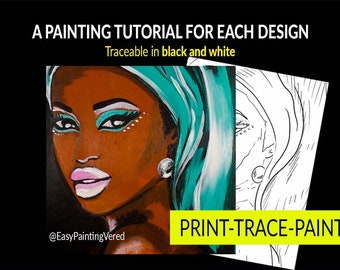 Traçable - Turquoise | Toile pré-dessinée| Tutoriel de peinture Stencil | | imprimable pré-esquissés | | de la fête de peinture DIY Peindre et siroter de l’art africain