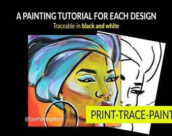 Traçable - Femme africaine | Toile pré-dessinée| Tutoriel de peinture Stencil | | imprimable pré-esquissés | | de la fête de peinture DIY Peindre et siroter