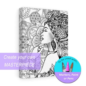 DIY Coloring Canvas for Adults - RACHEL | Pre-Drawn Canvas | African Art | Ready to Paint Canvas | African American Woman | Mandala