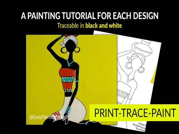 Traceable African Girl Sitting Pre-drawn Canvas Painting Tutorial Stencil  Pre-sketched Printable DIY Paint Party Paint and Sip 