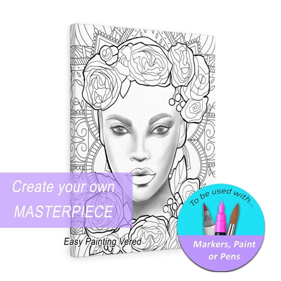 DIY Coloring Canvas for Adults DIANA Pre-drawn Canvas African Art Ready to  Paint Stress Reliever Lady With Roses 