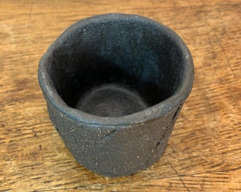 Hand Carved Kurinuki Guinomi Cup, Black Stoneware Espresso, Sake, Whisky