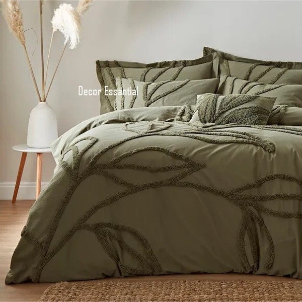 Exclusive Tufted Duvet Cover Set, Boho Bedding Queen Comforet Cover Hippie Duvet Cover Boho Duvet Set Tufted Bedding 3 pc set Green, Zipper