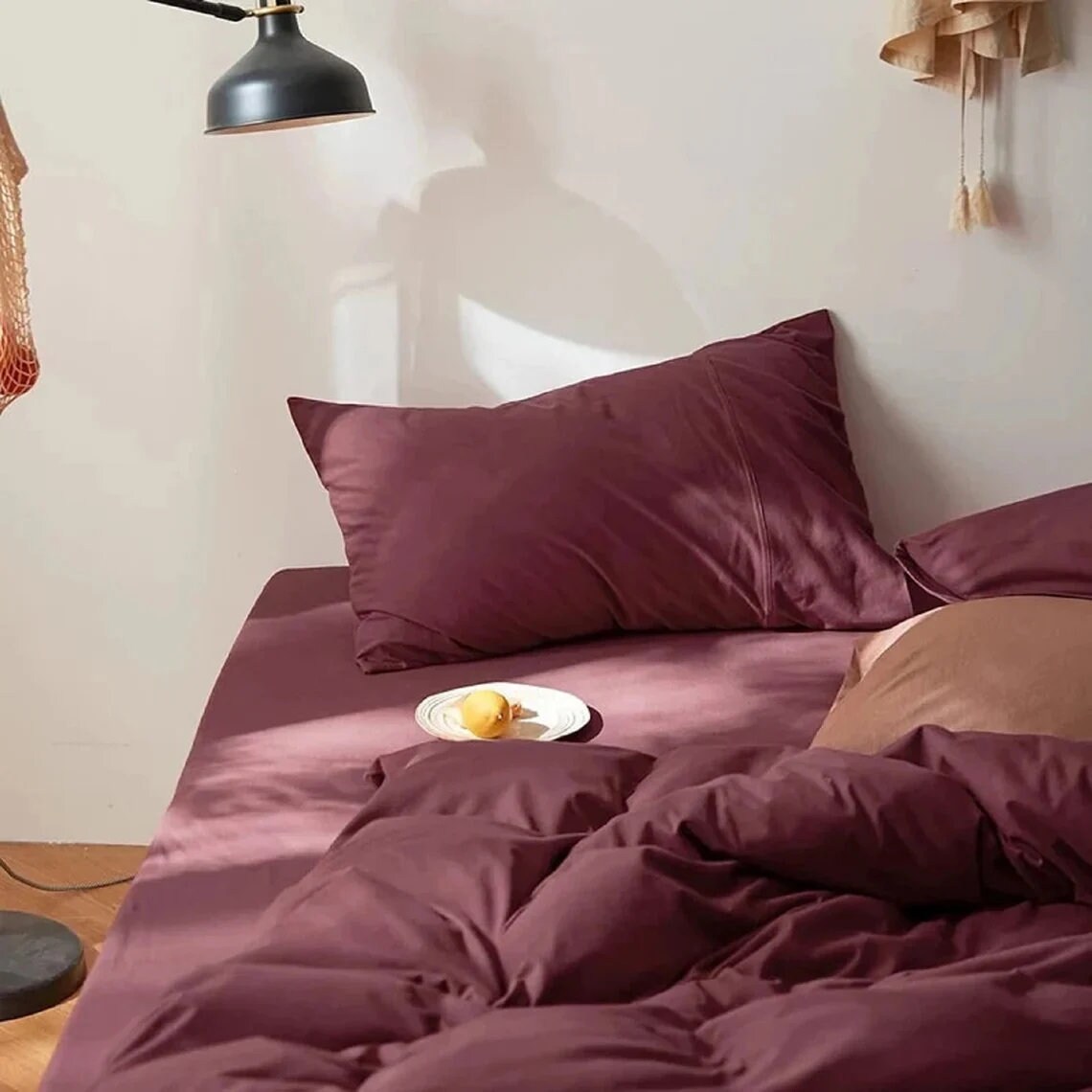 Cotton Maroon Color Bedding Set Washed Linen Duvet Cover Queen Size