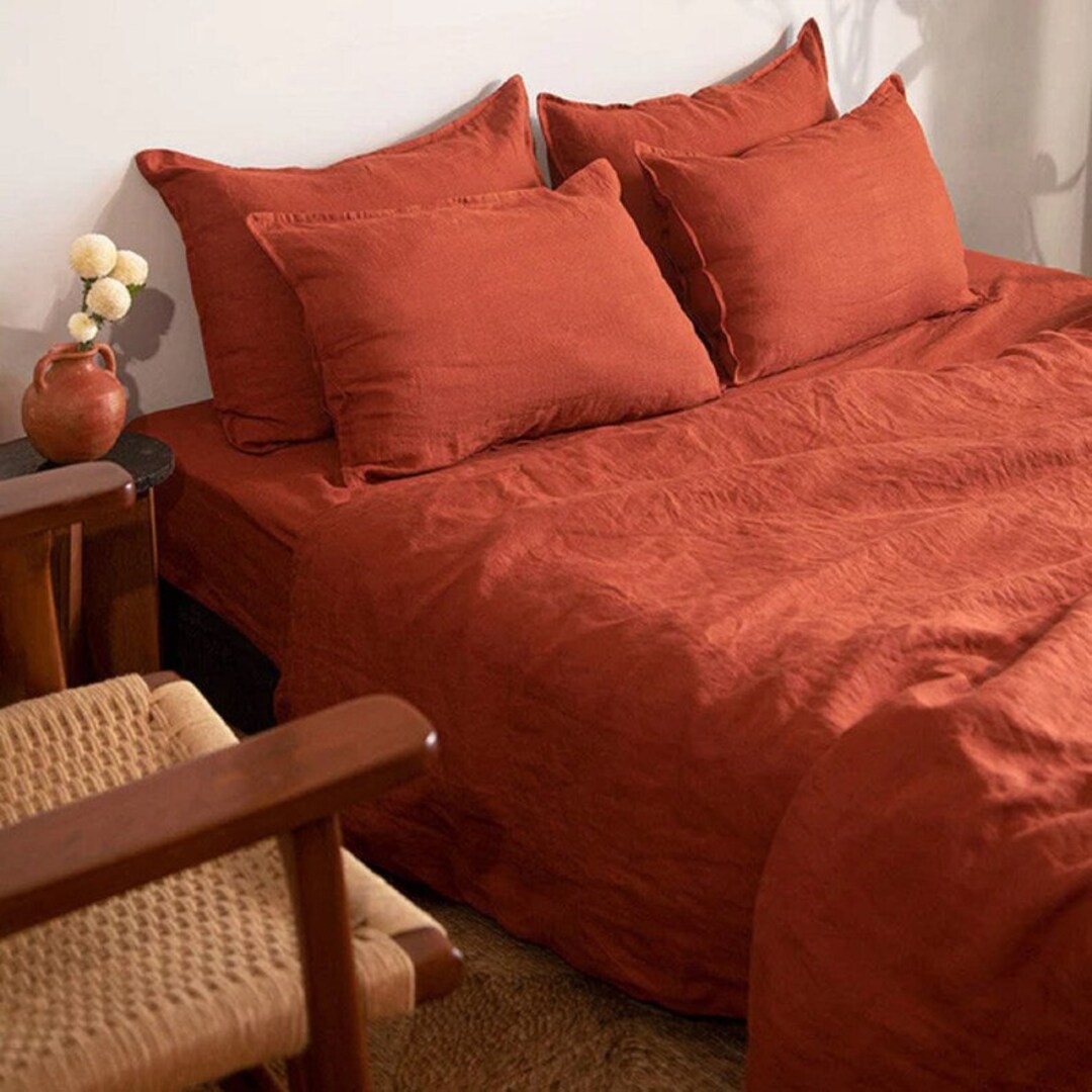Linen Duvet Cover in Burnt Orange With 2 Matching Pillow Case Washed