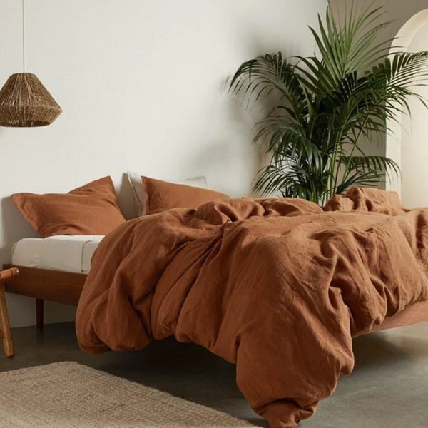 Linen Duvet Cover in Terracotta, Natural Linen Bedding with 2 pillowcases King queen Custom size duvet cover, Stone Washed Linen Duvet Cover