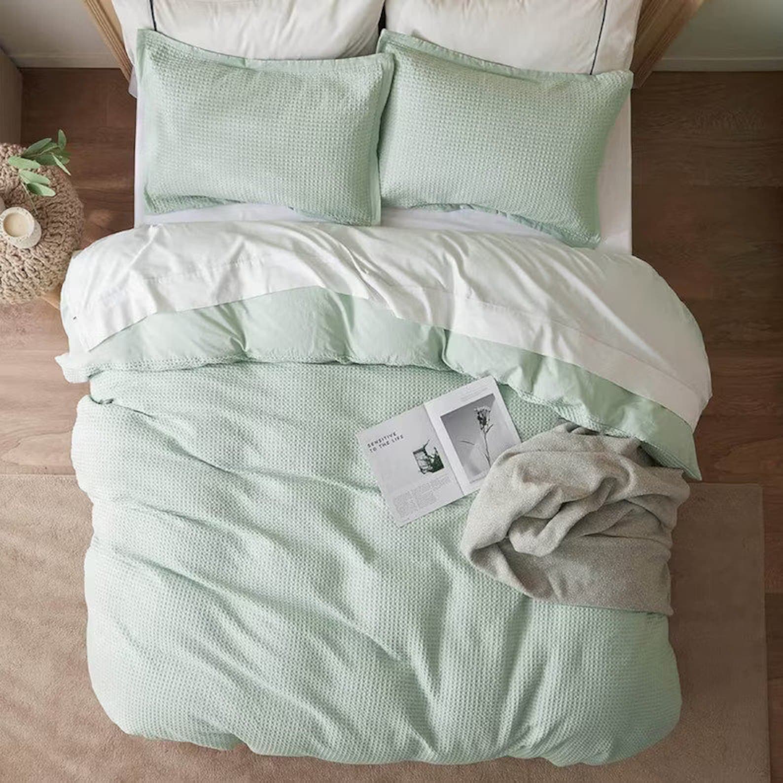 3 Pcs Sage Green Waffle Duvet Cover Washed Duvet Cover Waffle Bedding