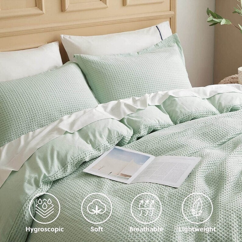 3 Pcs Sage Green Waffle Duvet Cover Washed Duvet Cover Waffle Bedding