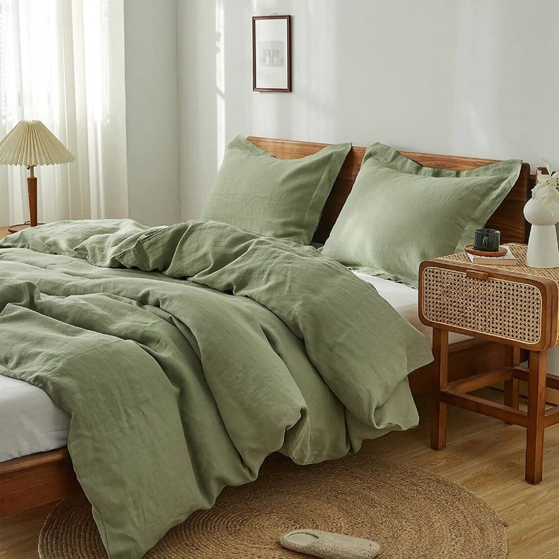 3 Piece Linen Bedding Set in Sage Green Linen Duvet Cover and Etsy