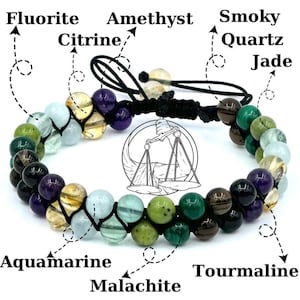 May include: A bracelet with a variety of gemstones, including amethyst, citrine, aquamarine, malachite, tourmaline, smoky quartz, jade, and fluorite. The bracelet is tied with a black cord and features a Libra zodiac symbol.