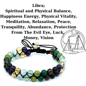 May include: A multi-colored beaded bracelet with a black cord. The beads are green, blue, brown, gold, and purple. The bracelet is tied with a knot and has a tassel. The text "Libra; Spiritual and Physical Balance, Happiness Energy, Physical Vitality, Meditation, Relaxation, Peace, Tranquility, Abundance, Protection From The Evil Eye, Luck, Money, Vision" is written above the bracelet.