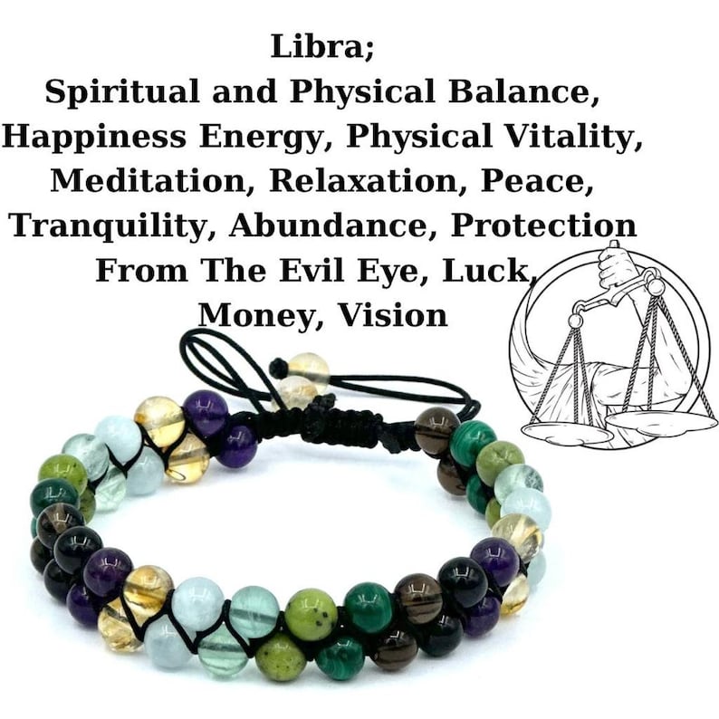 May include: A multi-colored beaded bracelet with a black cord. The beads are green, blue, brown, gold, and purple. The bracelet is tied with a knot and has a tassel. The text "Libra; Spiritual and Physical Balance, Happiness Energy, Physical Vitality, Meditation, Relaxation, Peace, Tranquility, Abundance, Protection From The Evil Eye, Luck, Money, Vision" is written above the bracelet.