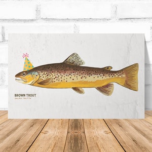 Download digital imprimir cartão de aniversário de truta marrom, impressão de peixe, cartão de arte de truta engraçado, cartão de aniversário de truta, cartão de truta com cartão interno em branco