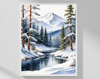 Winter River Art • Snowy Landscape Print • Watercolor Style • Minimal Nature Decor • Digital Download
