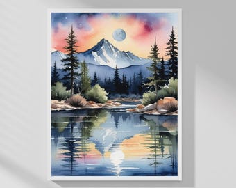 Moon River Art • Landscape Nature Print • Watercolor Style • Wall Decor • Digital Download