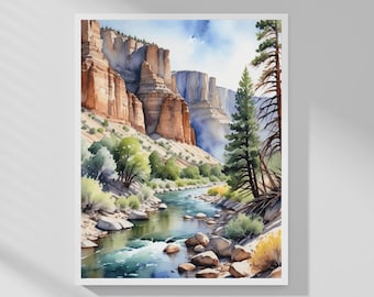 Canyon River Art • Desert River Print • Watercolor Style • Nature Cabin Decor • Digital Download