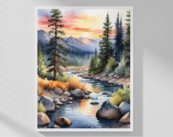 Sunset River Art • Scenic Landscape Print • Watercolor Style • Nature Wall Decor • Digital Download