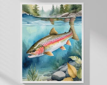 Rainbow Trout Wall Art • Vibrant Fishing Decor • Freshwater Nature Print • Watercolor Style • Digital Download