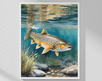 Brown Trout Art • Nature Wall Decor • Watercolor Style •  Instant Download