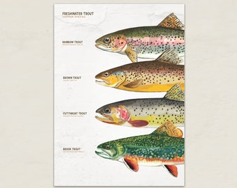 Trout Species Card 5×7 Printable • Rainbow, Brown, Cutthroat & Brook Trout Art • Digital Download