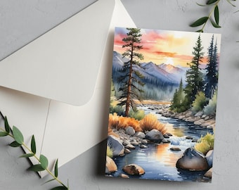 Sunset River Card • River Nature Print • Watercolor Style • Landscape Art • Digital Download