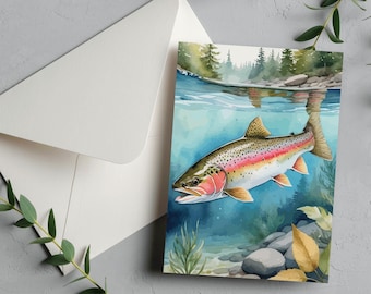 Rainbow Trout Art Card • Fishing Decor Card • Watercolor Style • Digital Download