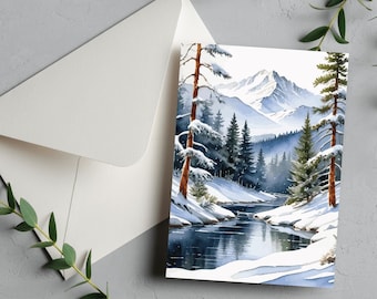 Winter River Card • Snowy Nature Greeting Card • Landscape Art • Watercolor Style • Digital Download