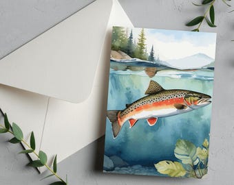 Brook Trout Card • River Scene Fishing Art • Watercolor Style • Digital Download