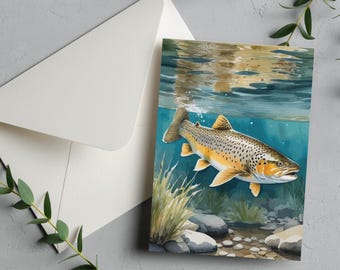 Brown Trout Art Card • River & Stream Fishing Art • Watercolor Style • Digital Download Print
