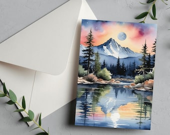 Moonlit River Greeting Card • Landscape Art • Watercolor Style • Digital Download