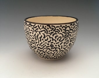 Doodle Art Hand Thrown Pot Low Fire Ceramic Bowl Vessel Black and White Design