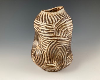 High Fire Stoneware Vase: Brown & White Glaze, Frith Ceramic Vessel