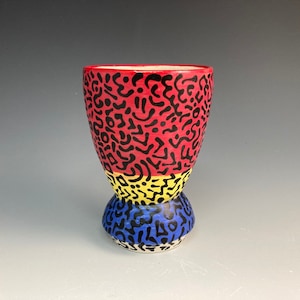 Doodle Cup Vase: Low Fire Ceramic, Red Yellow Blue (4.75&quot;h x 3.25&quot;w)