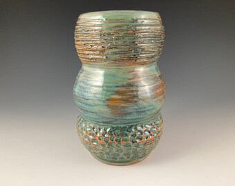Jarrón de gres Frith: cerámica de alta temperatura, esmaltado azul, verde y marrón, decoración del hogar