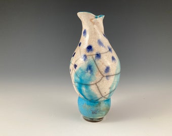 Raku Stoneware Mini Vase: Blue Black White Ceramic Decor