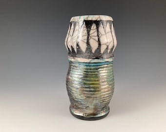 Raku High Fire Ceramic Vase: Black, White, Blue & Green Stoneware