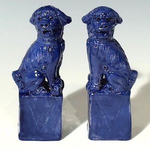 Handmade Fu Dogs Ceramic Pair Blue Ceramic Foo 5" Dragons Guardian Good Fortune Figurines