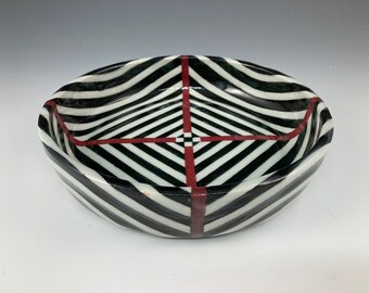 Frith Pot Candy Dish Dog / Cat Bowl High Fire Stoneware Ceramic Black White and Red Glaze Home Decor 1.75" h x 7.5" wide