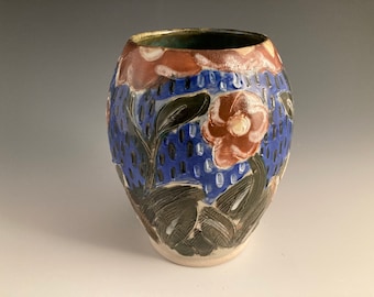 High Fire Stoneware Vase: Red, Blue, Green Floral Ceramic Decor