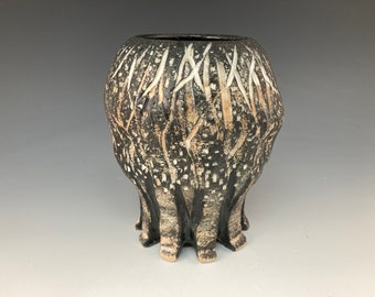 High Fire Stoneware Flower Vase: Black, White & Brown Frith Pot