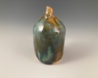 Small Stoneware Vase: High Fire Ceramic, Blue Green Glaze