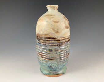 High Fire Stoneware Vase: Blue Green Cream Glaze, Frith Pot (7" tall)