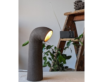Handmade ceramic light with fabric braided cable | Contemporary Design | Black textured clay | Desk lamp