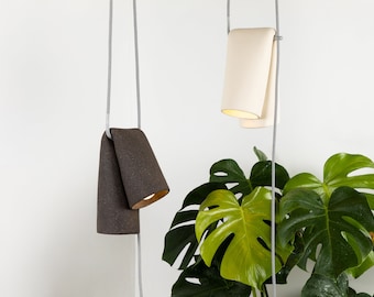 Handmade ceramic light | Suspended | Pendant | Hooked wall light | Sconce | Fabric braided cable | Contemporary | Sculptural | Black