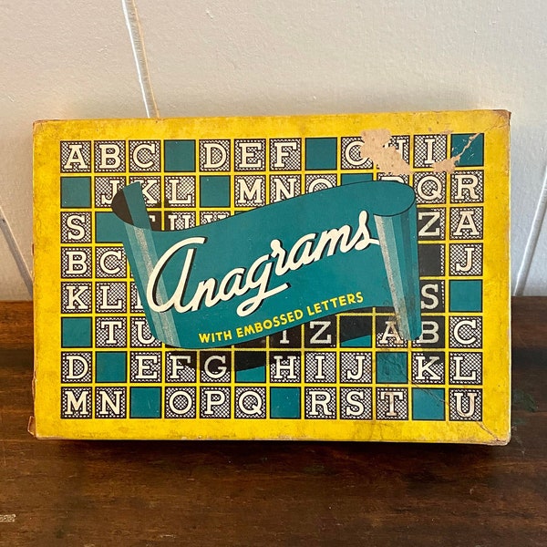 Vintage ANAGRAMS Toy Game Alphabet Spelling Crossword Puzzle Educational Learning with EMBOSSED LETTERS Antique Original Box like Scrabble